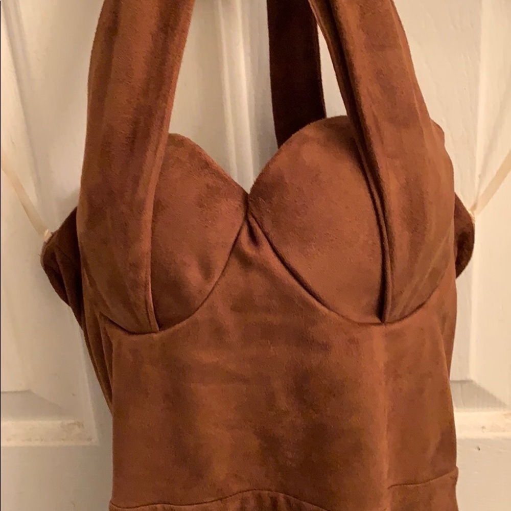 Cross haltered bustier brown dress